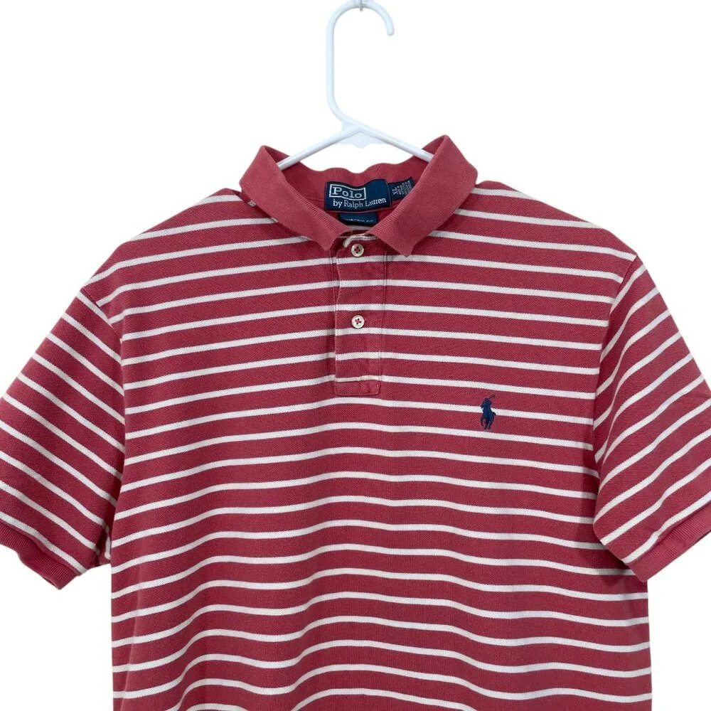 POLO by RALPH LAUREN Men's XL Custom Fit Polo Shirt Striped Burgundy Blue‎ Rider